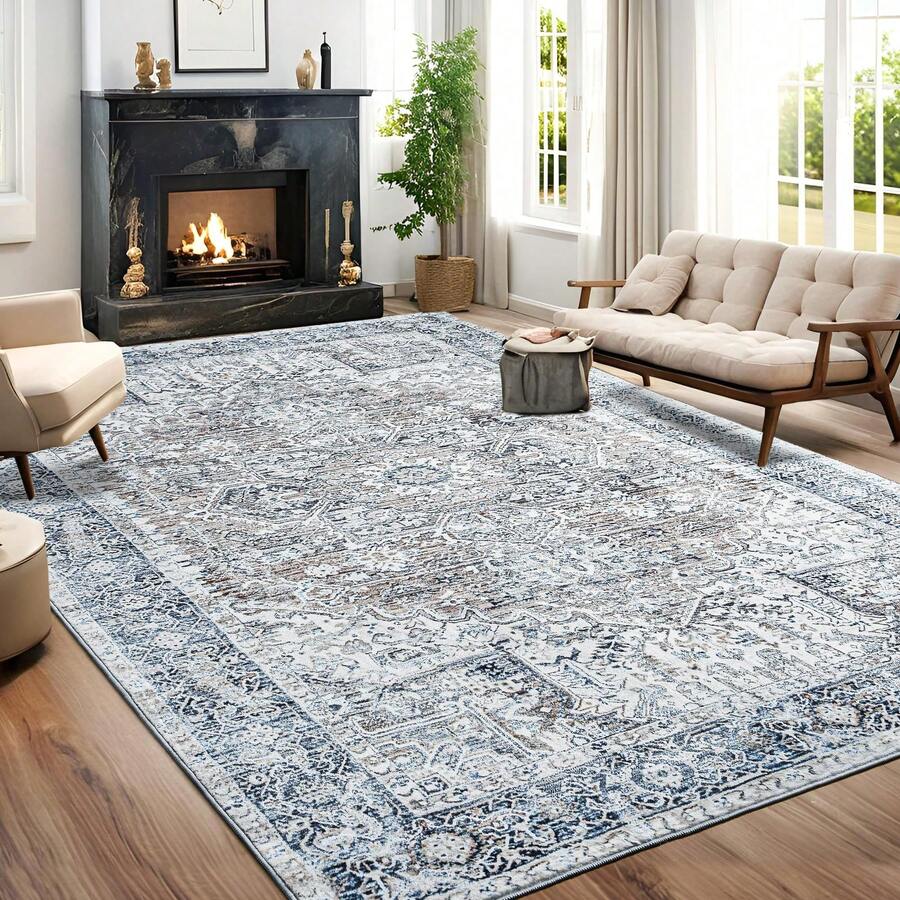 lochas Washable Vintage Bedroom Area Rugs, Large Indoor Machine Washable Non-Slip Rugs For Living Room, Dining Room, Kitchen, Office, Soft Low Pile Vintage Floor Carpets Home Decor,Non-Slip &Durable,Christmas Festival Gifts - Màu xanh lam - Xem 1