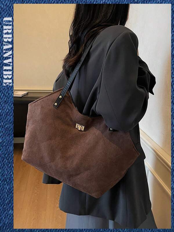 1pc Vintage Embroidered Diamond Pattern Large Capacity Suede Handbag, Solid Color, Fixed Shoulder Strap, Twist Lock Closure, Suitable For Daily Commute, Dates And Travel