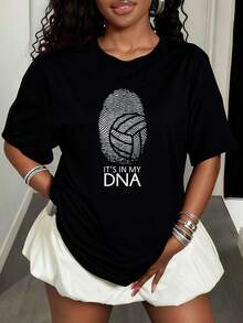 Funny Volleyball T-Shirt With Fingerprint "It's In My DNA" Fashionable Casual Graphic Tees For Women Women's Sports Top - 黑色 - 查看 8