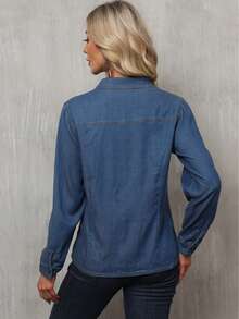 Women Fashion Casual Elegant Denim Button Down Long Sleeve Shirt With Shirt Collar - 藏蓝色 - 查看 9