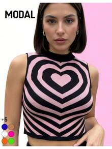 Cropped Feminino Tricot Modal Estampa Coração Gola Alta Estiloso - Rosê - Visão 1