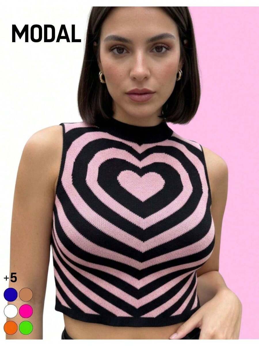 Cropped Feminino Tricot Modal Estampa Coração Gola Alta Estiloso - Rosê - Visão 1