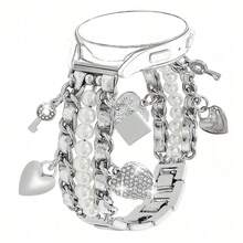 1pc Faux Pearl Beaded Watch Band Compatible With Apple Watch 38/40/41/42/44/45/46/49mm, Suitable For Women - Cuban Link Bracelet, With Cute Pendant Charm, Apple WatchWatch Seamsung Galaxy Watch 7/6/5/4/Active2 Classic 40/44mm, HUAWEI And Other 20mm/22mm Watch Faces (Band Only)