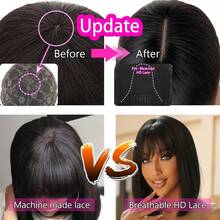 Eulisi 2x3 Inch Transparent Lace Front Bob Wig, 150% Density Brazilian Straight Bob Wig With Bangs, Natural Black Color, Shoulder Length Machine Made Wig, Rose Net Cap, Perfect For Everyday Styling (Natural Black, 8-14 Inches)