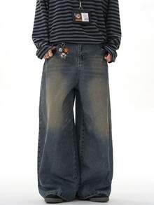 1pc Vintage Washed Loose Fit Distressed Wide Leg Boyfriend Jeans, Casual Design