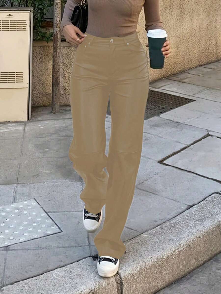 MYOURSA Pantalones rectos de cintura alta de unicolor de imitación de cuero de PU de moda y versátiles - Beis - Ver 1