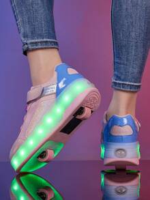 1双青少年LED发光蕾丝布艺魔术贴透气随机图案闪光PU可爱轮滑鞋运动鞋，圆头厚底低帮轮子青少年运动鞋 - 粉色 - 查看 6