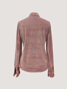 Women's Pink Velvet Blouse, Solid Color Lace Patchwork Ladies Shirt, Elegant Everyday Wear For All Seasons - Dusty Pink - View 7