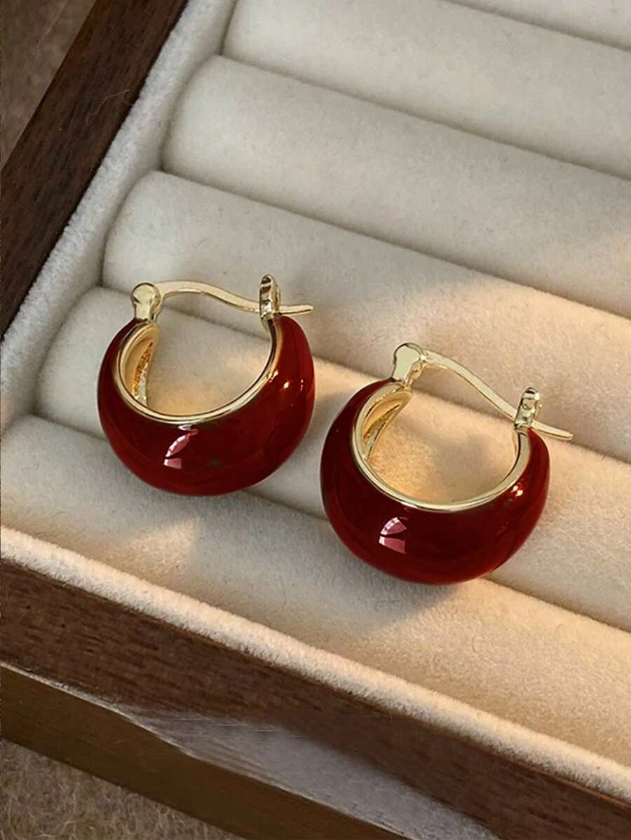 1 Đôi bông tai tròn đơn giản hình giọt dầu màu nâu thanh lịch, phù hợp cho phụ nữ khi đi làm hàng ngày, lễ hội và hẹn hò vào mùa thu/đông - Màu Đỏ Sâu - Xem 1