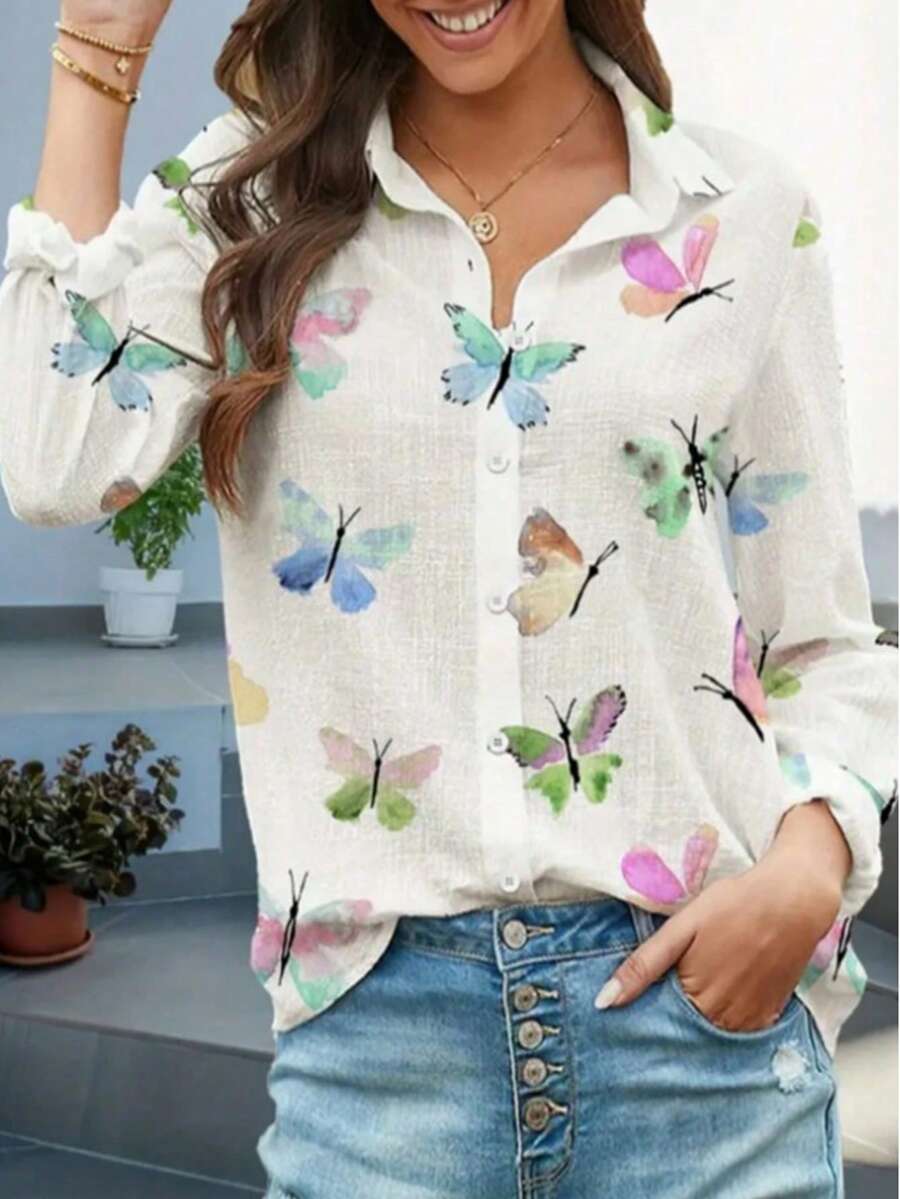 Women's Cotton Linen Blouse With Long Sleeves, Plus Size - White Butterfly - View 1