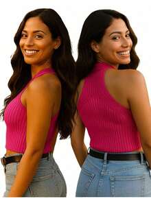 Cropped Top Feminino Tricot Canelado Frente Única com Alças Cruzadas e Recorte Vazado Justo Blusa Curta Casual Verão Festa - Pink - Visão 5