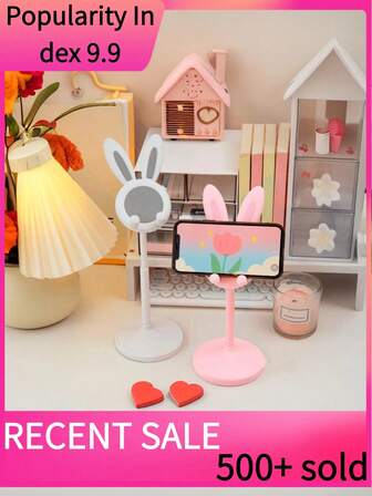 Justerbar söt kanintelefonhållare med halkfria dynor och teleskopisk bas - rosa och kanindesign, robust plastbordsstativ för selfies och livestreaming, stationär telefonhållare