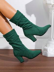 Chunky Heel Slouchy Boots Round Toe Suede Slim Tall Boots For Women, New Autumn/Winter Mid-Calf Riding Boots With Fur - Olive Green - View 2