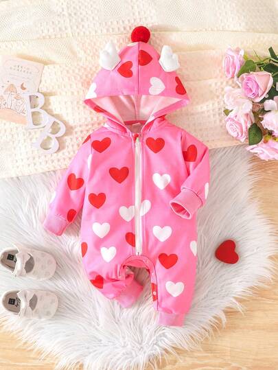 Neugeborenes Baby Mädchen Langarm Kapuzen-Romper, Herz-Muster Muster mit Kapuzen-Engelflügeln & flauschigen Bommel Dekor, Kleinkind Winter Outfit für den Alltag
