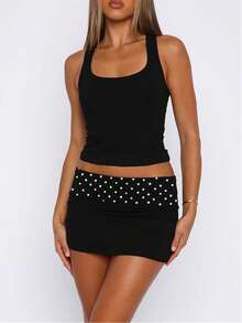 Women Fold Over Low Rise Bodycon Mini Skirt Y2k Polka Dots Print Slim Fitted Going Out Micro Skirts Stretchy Tube Pencil Mini Skirts Party Clubwear - màu đen - Xem 3