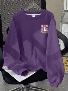 女童休闲卡通鸭子图案可爱印花女童服装圆领长袖紫色毛衣套头衫秋冬 - 紫色 - 查看 4