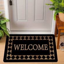 1pc "WELCOME" Plaid Doormat - Non-Slip Polyester, Lightweight, Black & Golden Check Pattern, Perfect For Home Decor, Entryway Welcome Mat|Check Pattern Mat|Polyester Fiber Mat, Welcome Mat - 彩色 - 查看 4