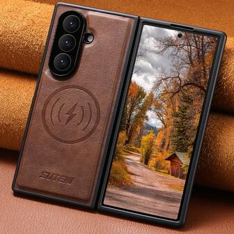  SUTENI Frosted Feel Faux Leather Magnet Wireless Charging Phone Case For Galaxy Z Fold 7 6 Black/Brown/Blue For Unisex Relatives Friends And Elders Holiday Gift