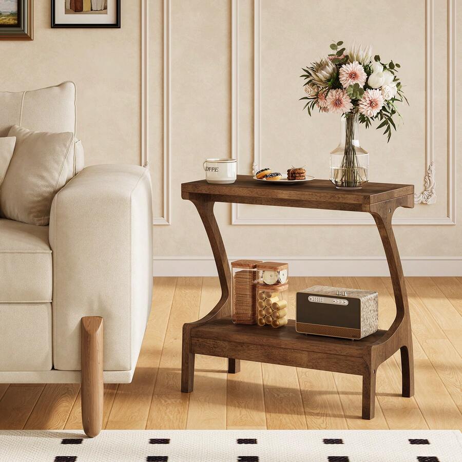 Tribesigns Solid Wood End Table With 2-Tier Storage, Natural Wood Paint Finish Side Table For Living Room, Sofa Side, Or Bedroom, Easy Assembly, Wood Brown - Wood Brown - 查看 1