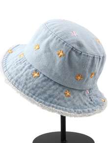 1pcButterfly Knot Cute Spring And Autumn Denim Solid Color Embroidered Bucket Hat, Slimming Face, European And American Small-Circle Outdoor Travel Stylish Hat