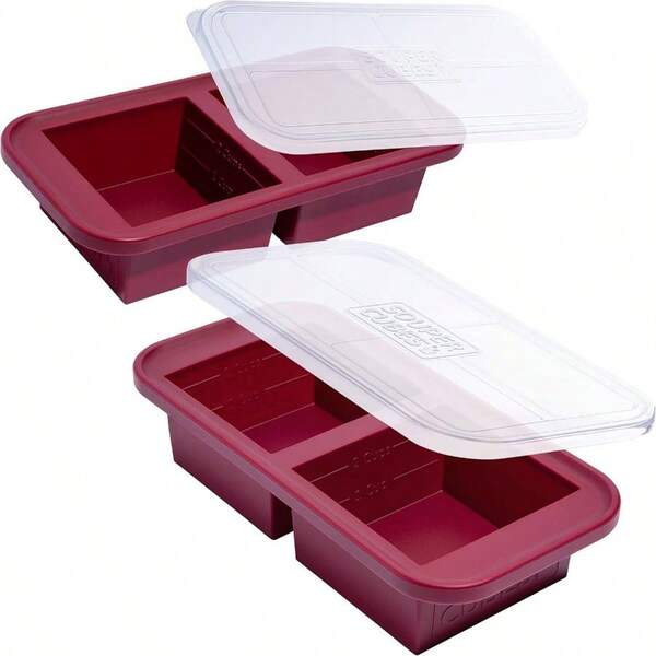 2 Cup Silicone Freezer Tray With Lid - Easy Meal Prep Container And Kitchen Storage Solution - Silicone Mold Soup And Food Storage - Cranberry - 2 - Pack