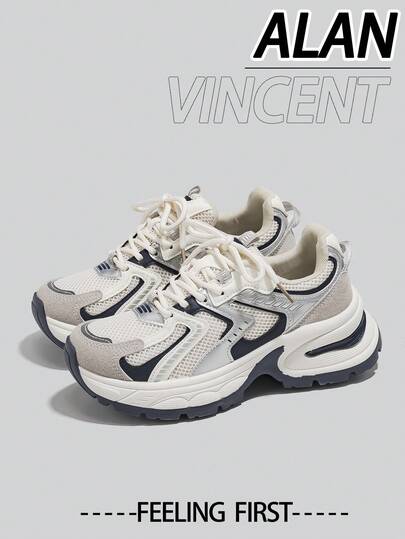 Alan Vincent Alan Vincent[City Sneaker Series]Beige Shoes For Women 2025 New Thick-Soled Sports Shoes Comfortable And Fashionable Running Shoes Height Increasing Casual Sneakers Women Outdoor  Shoes Ladies Shoes Breathable Mesh