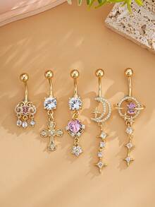 1.5pcs Star & Moon Multi-Element Pendant Navel Ring Stainless Steel Spiral Navel Piercing Jewelry, Suitable For Daily Wear