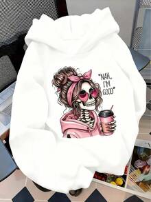 Sudadera con capucha de forro polar con estampado gráfico casual y ajuste holgado para mujer, invierno, Día de Muertos y Halloween cráneo - Blanco - Ver 1