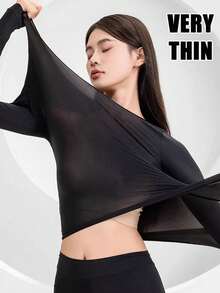 2Pcs Women's Thermal T-Shirt Underwear Autumn Winter Seamless Traceless Ultra-Thin Highly Elastic Intimate Long Sleeve Top Winter Constant Temperature Long Sleeve Lingerie