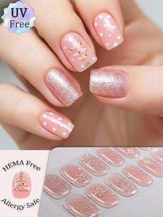 16 piezas de envoltorios de uñas de gel libres de UV, diseño de árbol de Navidad con lunares de color rosa nude brillante, pegatinas de uñas navideñas brillantes de calidad de salón, con textura completa, hipoalergénicas, fáciles de pegar y quitar, suministros ideales para arte de uñas para damas y niñas en fiestas de Navidad DIY
