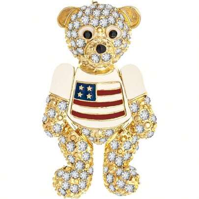 American Gold Brooch Women, 4th Of July Classial Bear Brooches Pin, Patriotic Independence Day Jewelry, Gold,