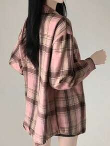 拉绒格子衬衫，新款时尚宽松复古中长款上衣，长袖夹克