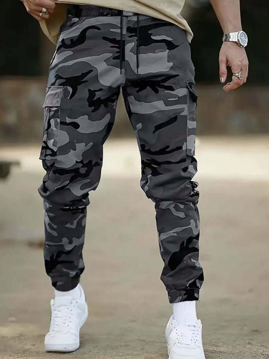 Men's Camouflage Outdoor Lightweight Drawstring Cargo Pants With Multiple Pockets - Dark Grey - View 1