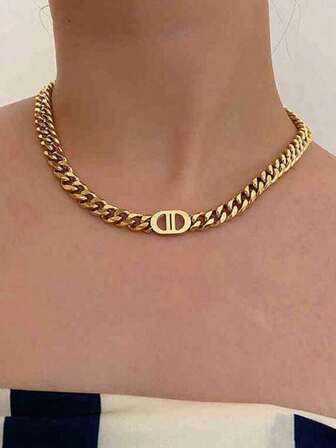 1 件高品质粗链字母项链，欧美时尚嘻哈风格短款颈链，适合女士