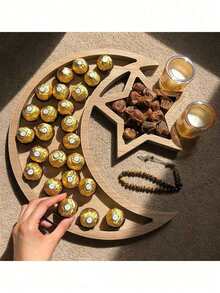 1pc Wooden Moon & Star Shaped Tray, Suitable For Home Gathering Decoration, Party Celebration Table Centerpiece Decoration, Fruit & Dessert Decoration, Plate Decoration, Party Decoration, Wooden Towel Decoration, Ramadan Decoration Tray, Eid Mubarak, Ramadan Kareem, Ramadan Greetings - Multicolor - View 1