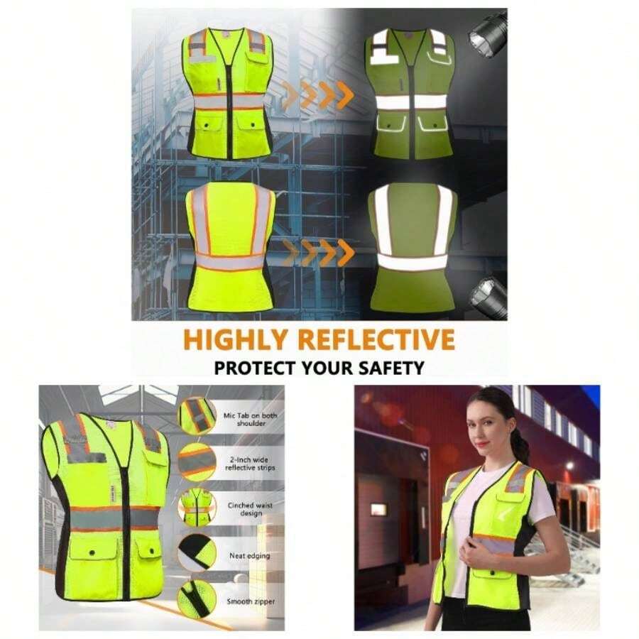 Safety Vest Women High Visibility Mesh Reflective Strips With Zipper Lady 11 Pockets Meets ANSIISEA Standards - Yellow + X-small - View 1