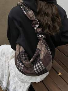 Vintage Coffee Color Bag, Japanese Minimalist Forest Style Plaid Shoulder Bag, Fashion Pleated Bow Zipper Closure Crossbody Bag, School/College/Work Lightweight Foldable Cloth Bag, Suitable For Shopping, Daily Commute, Crescent Moon Bag, Autumn/Winter Vintage Coffee Color Bag - Multicolor - View 7