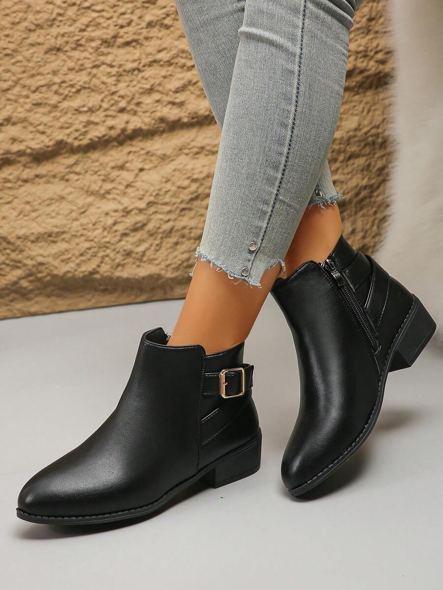 Plus Size Women's Motorcycle Boots, New Autumn/Winter Fashion Black Side Zipper Chunky Heel Ankle Boots, Comfortable Versatile Casual Outdoor Riding Boots