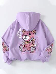 Teen Girl Style, Doodle Style Cartoon Bear Letter Print Pattern, Casual Style, Hooded Sweatshirt, Can Be Worn In Spring And Autumn, Shopping,Suitable For Daily Wear, Graduation, Homecoming, Graduation Ceremony, Teachers, Homecoming, Party, Travel Pullovers, Kids, Teen Girls Clothes, Girls Clothes
