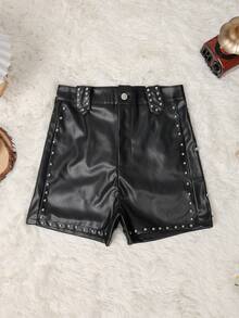 Apperloth A Rave Punk High Waist Stud Decor PU Leather Skinny Music Festival Mini Shorts Music Festival - Black - View 7
