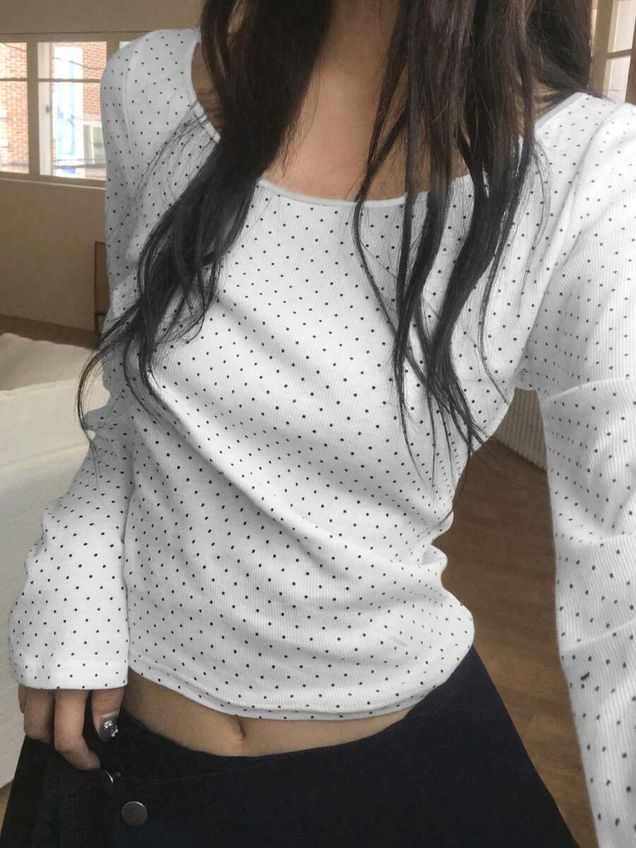 2025春夏波点印花休闲长袖上衣 白色 - 白色 - 查看 1