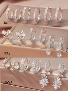 Set 6 cercei eleganți cu pietre multi-element și zirconiu din cupru, accesorii delicate și versatile pentru femei, pentru petreceri/întâlniri/cadouri