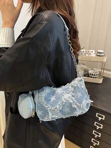 Decorative Buckle Detail, Stitching, Chain Strap Shoulder Bag, Women's Decorative Buckle Shoulder Bag, Street Fashion Hobo Bag, Small To Medium Crossbody Bag And Wallet Set, Suitable For Shopping, Dating, As A Gift For Ladies, Suitable For Teenagers, College Students, Work, Business, Commuting - Blue - View 5