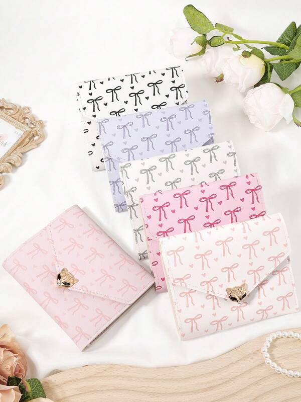 Bow Pattern,Fashionable Women's Multifunctional Short Credit Card Storage Bag, Simple And Casual Multifunctional Card Holder, Metal Decoration Multifunctional Wallet, Foldable Women's Wallet