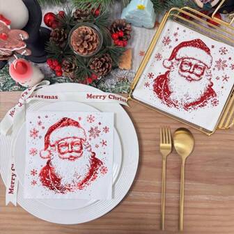 16 件圣诞餐巾、一次性圣诞老人纸巾、烫金鸡尾酒餐巾、红白餐桌装饰 - 圣诞晚餐 - 节日餐桌布置装饰、圣诞餐桌装饰