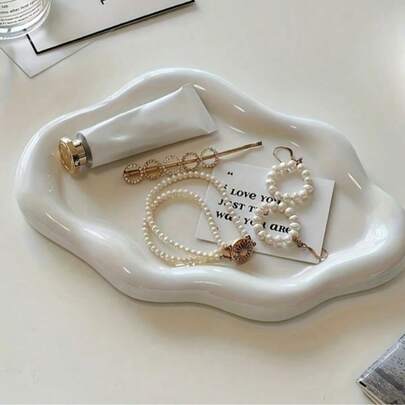 1pc Elegant Cloud-Shaped Ceramic Tray - Single-Layer Luxury Jewelry & Fragrance Display Stand, Jewelry Organizer Tray, Suitable For Home Living Room And Office Key Storage ,Room Decor
