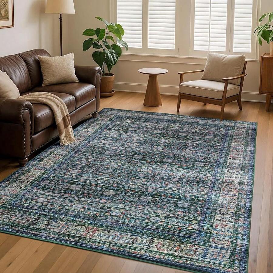 5x7 Vintage Area Rug For Living Room Bedroom, Machine Washable Non Slip Indoor Rug, Thin Throw Floral Low Pile Distressed Carpet For Office Nursery Dining Room Red/Blue, Modern Chic Design - Green/Multi - View 1