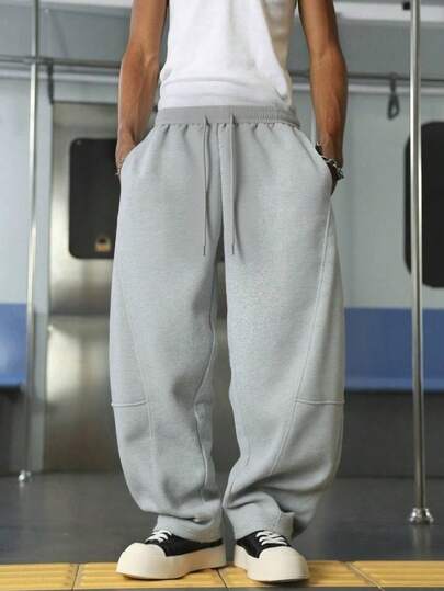 Men's Solid Color Drawstring Elastic Waist, Casual Loose Sports Pants, Loose Boxer Shorts, Outdoor Minimalist Patchwork Pants, Suitable For Students And Boys