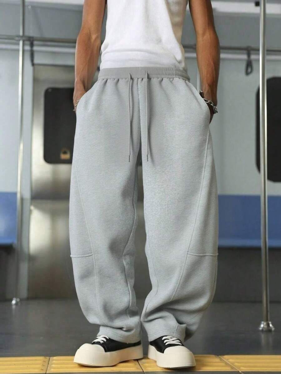 Men's Solid Color Drawstring Elastic Waist, Casual Loose Sports Pants, Loose Boxer Shorts, Outdoor Minimalist Patchwork Pants, Suitable For Students And Boys