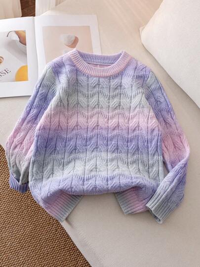 Girls & Teens' Cute Ombre Knit Pullover Sweater, Suitable For Vacation, Daily Wear, Spring, Autumn, Winter